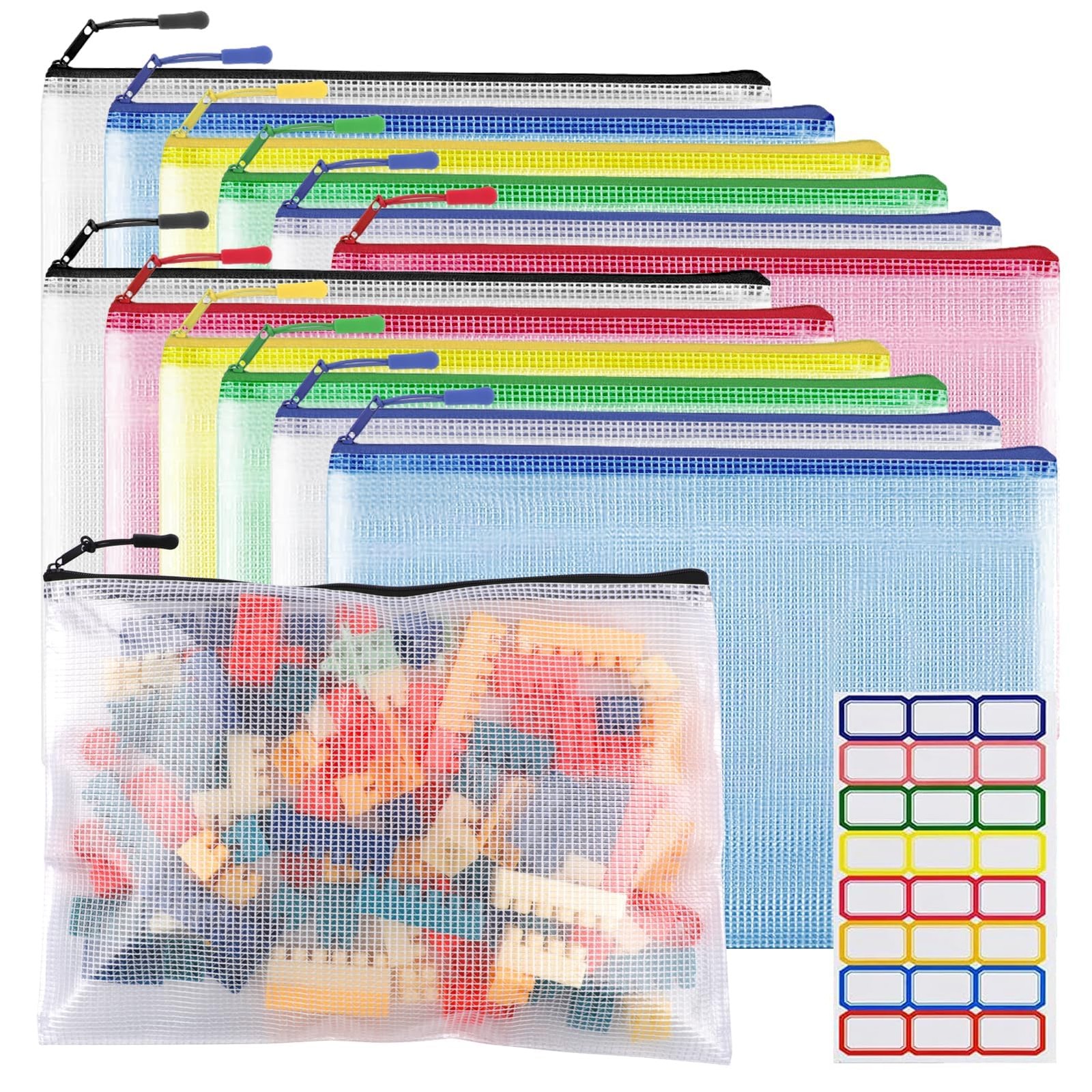 12pcs Large A4 Mesh Zipper Pouch 13×9, Red, Yellow, Green, Blue, Black, White