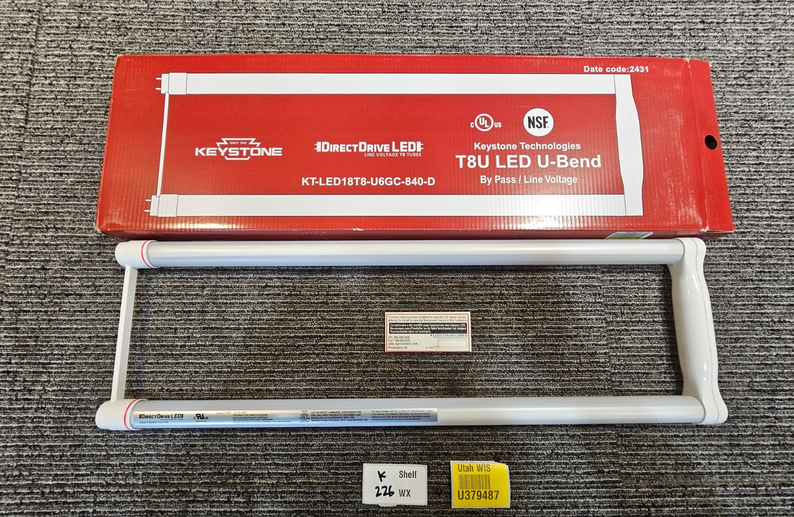Keystone KT-LED18T8-U6GC 6-In Direct Drive U-Bend T8 LED Lamp 18W 4000K