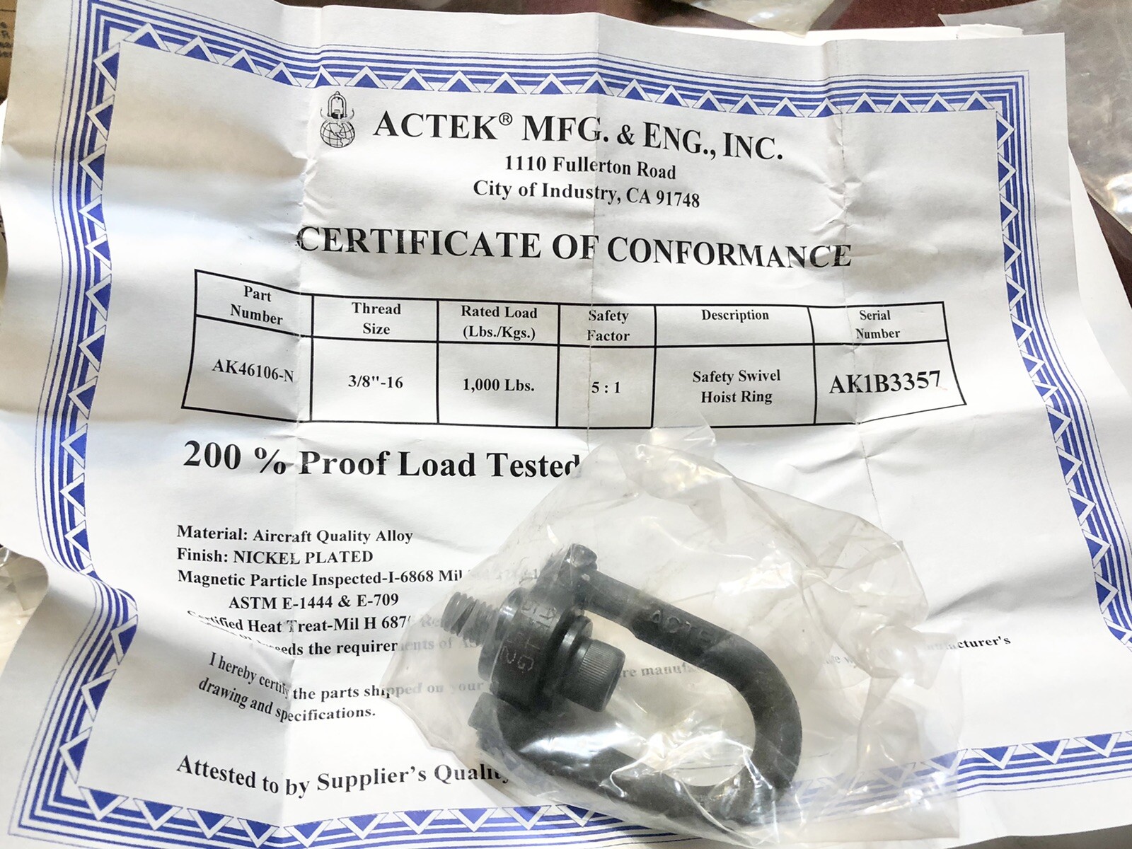 (lot Of 2) ACTEK 1000 LBS 3/8″-16 SAFETY SWIVEL HOIST RING AK46106-N