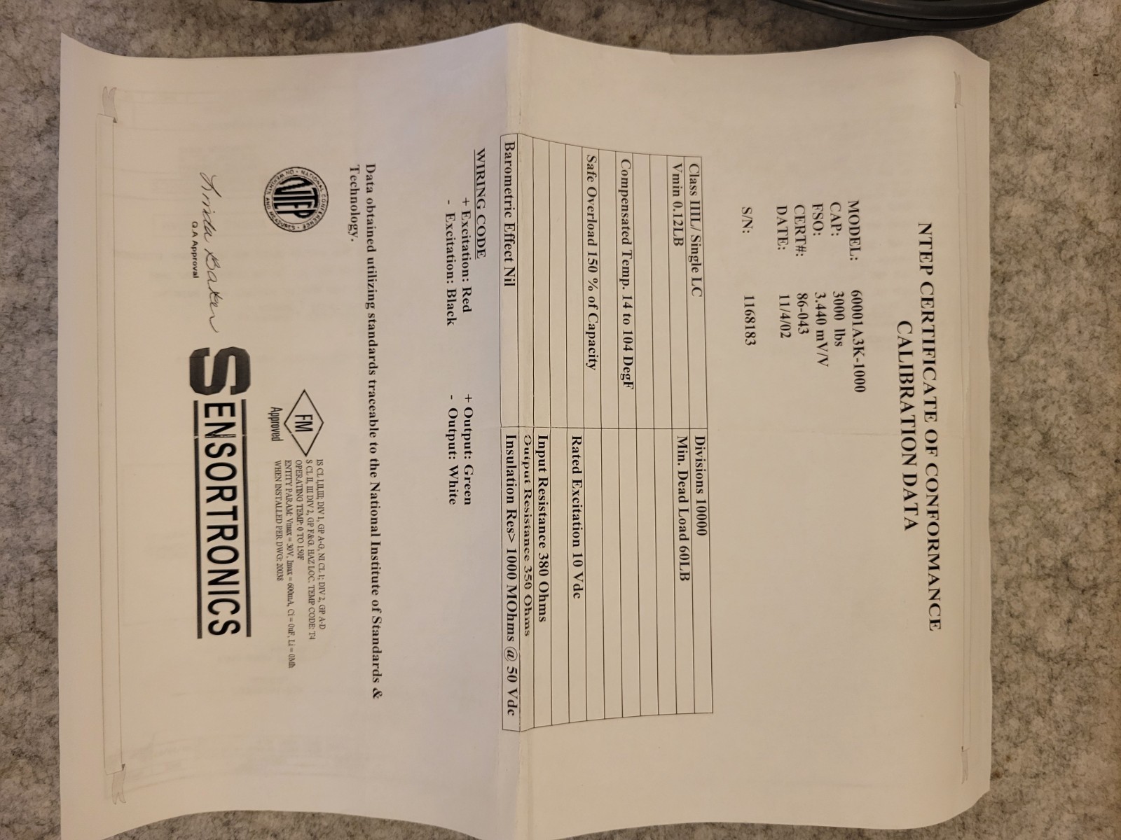 NEW OPEN BOX SENSORTRONICS 3K LBS 3.440 mV/V LOAD CELL 60001A3K-1000