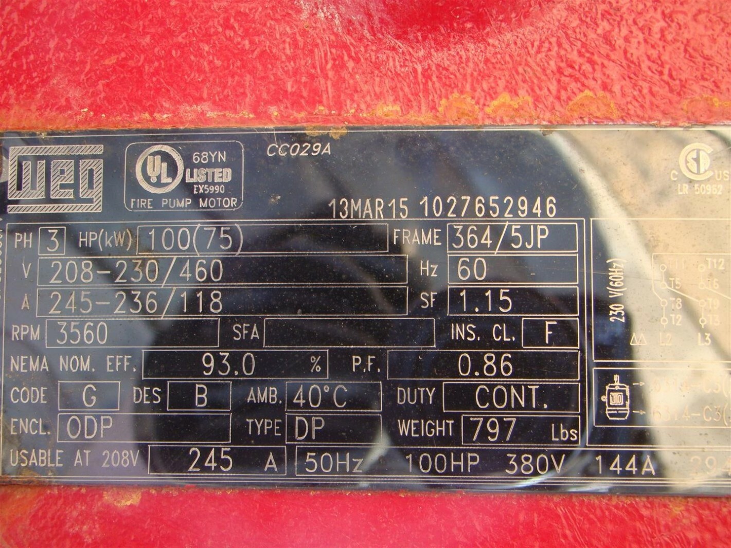 WEG 3 Phase Electric Fire Pump Motor 100 HP 3560 RPM Model 100360P3E365JPV 10276