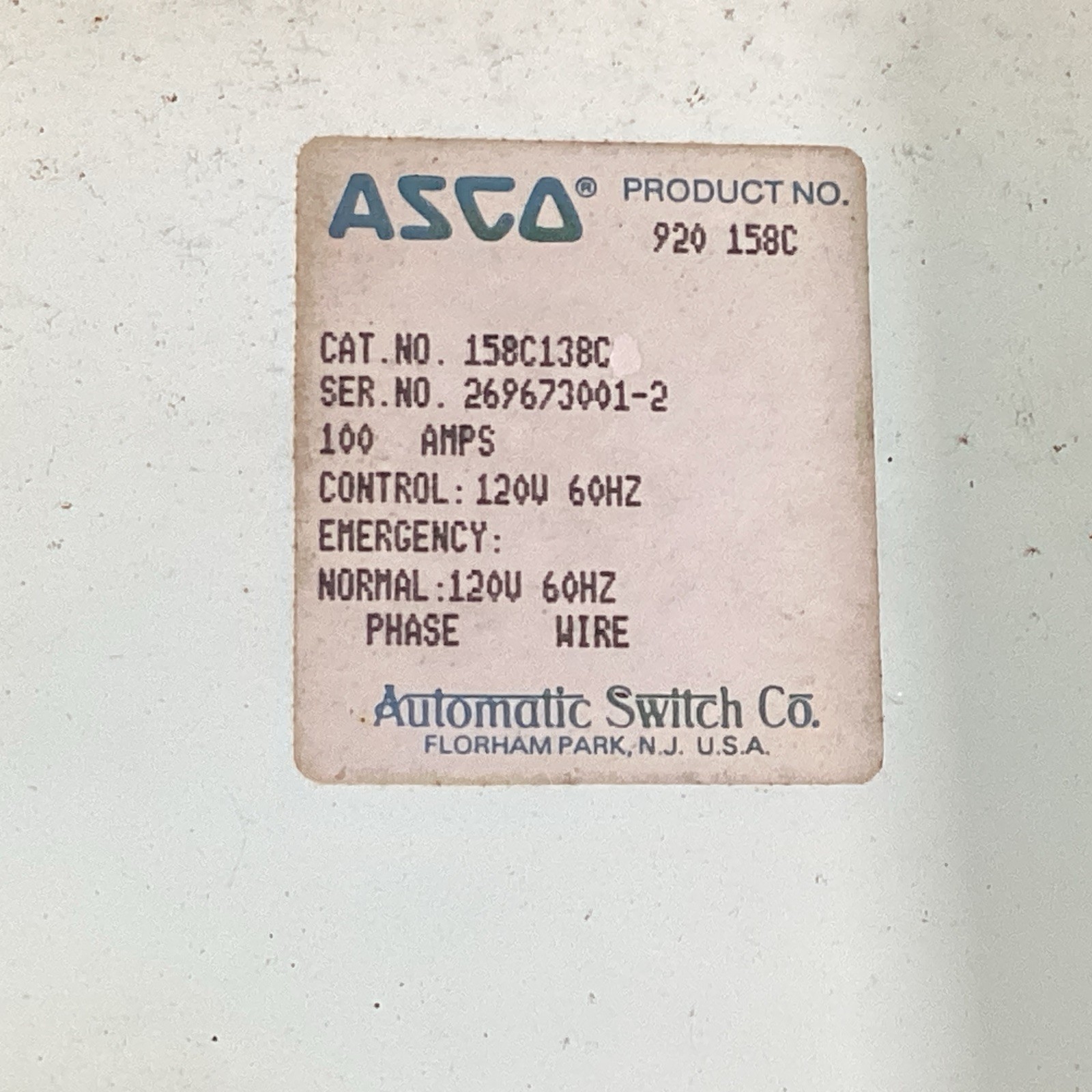 ASCO REMOTE POWER CONTROL 158C138C 100AMP 920 158C #809AT2