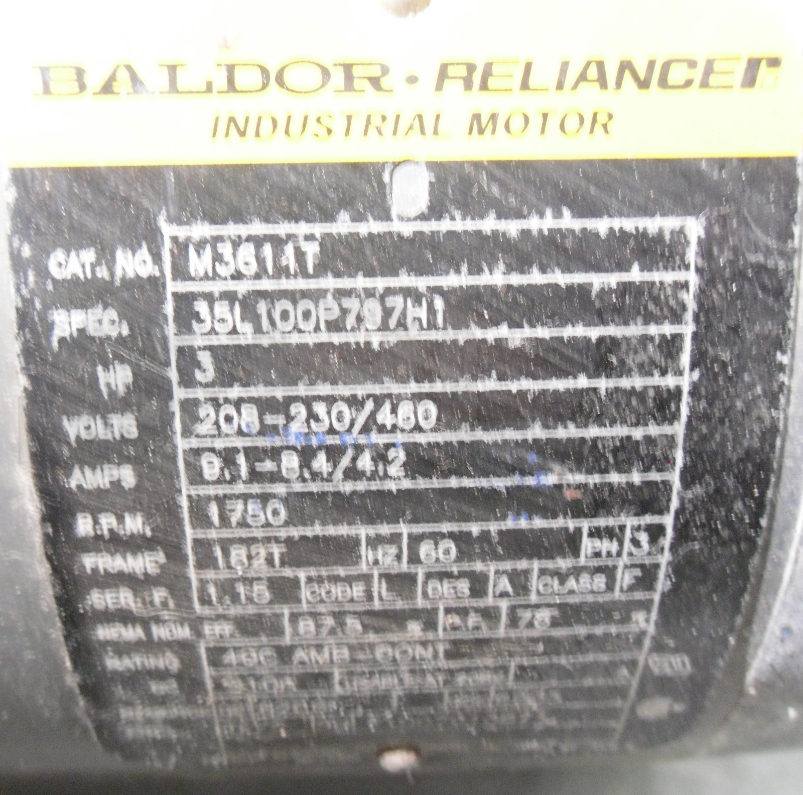 BALDOR M3614T INDUSTRIAL MOTOR 3HP 1750RPM FR:182T