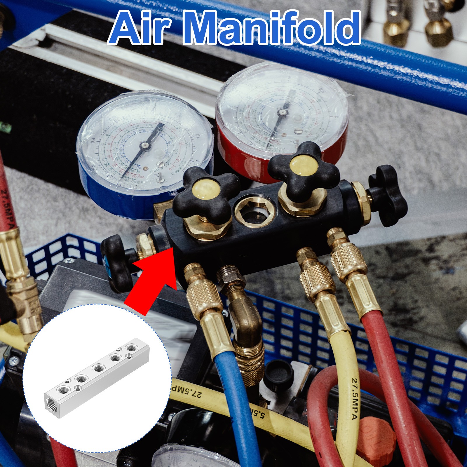 5 Way 7 Port 1/4″ Output Port 1/2″ Supply Port Air Hose Inline Manifold, Silver