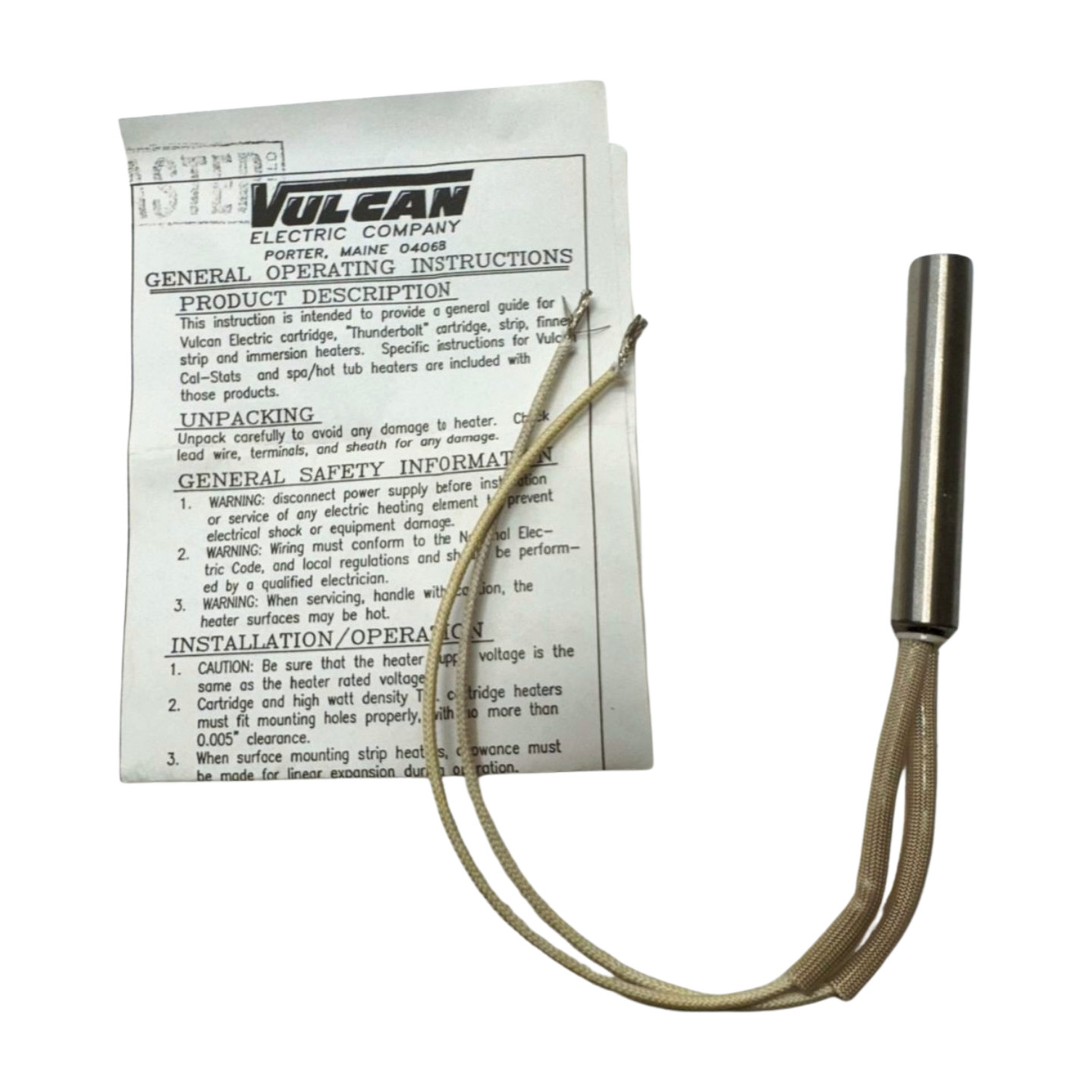 Vulcan TB505A Swaged Cartridge Heater, 250W, 120V, 3HR88, 4TB1, F08/0100/060013