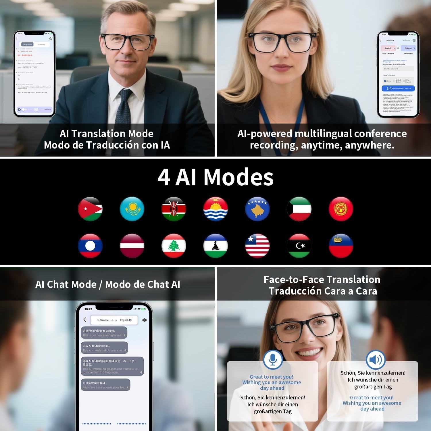 Lentes inteligentes De Traducción AI Chat GPT 169 Idiomas Traductor Tiempo Real