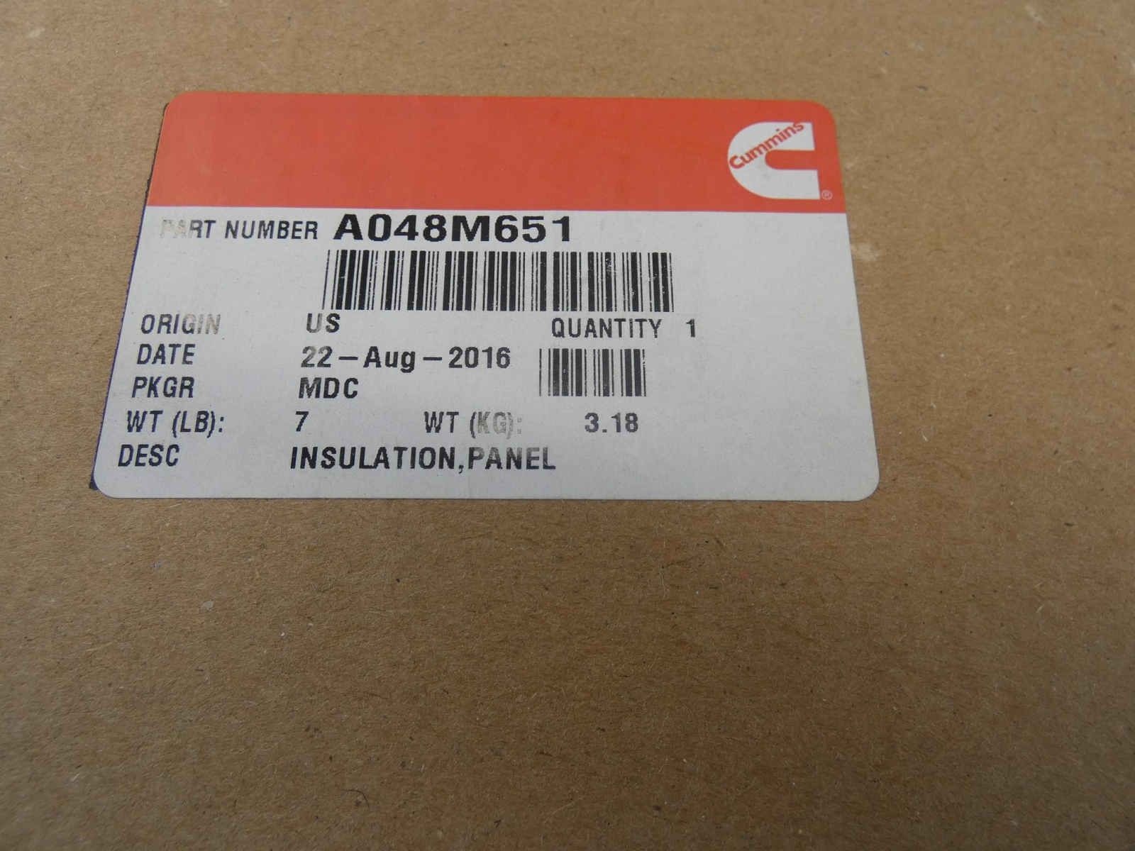 Cummins A048M651 Insulation Panel, Onan, 47″ x 14-3/4″ x 1″ – NEW Surplus!