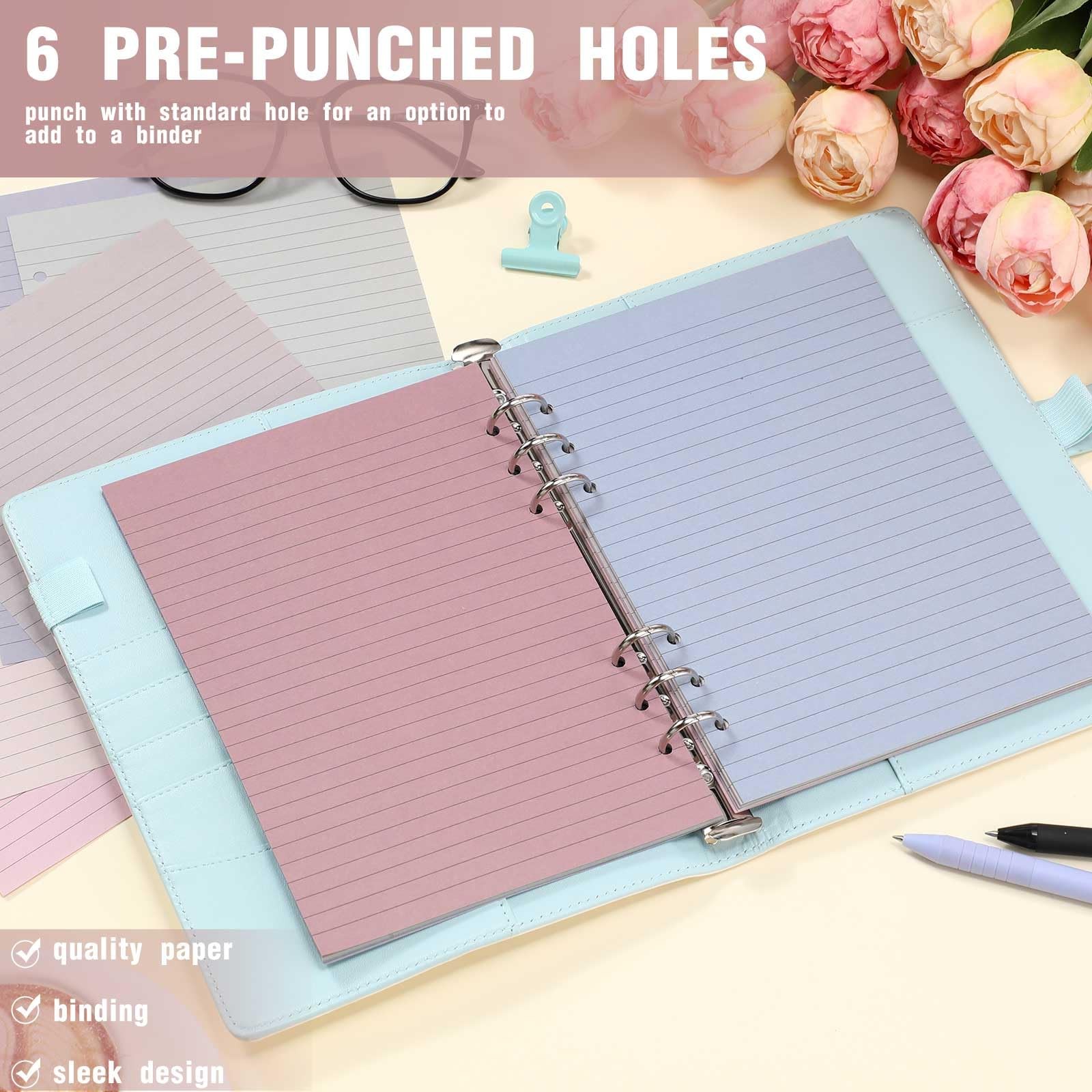 PerKoop 8 Pack Lined Refill Paper A5 Colored 6 Ring Binder Planner Inserts 6 Hol