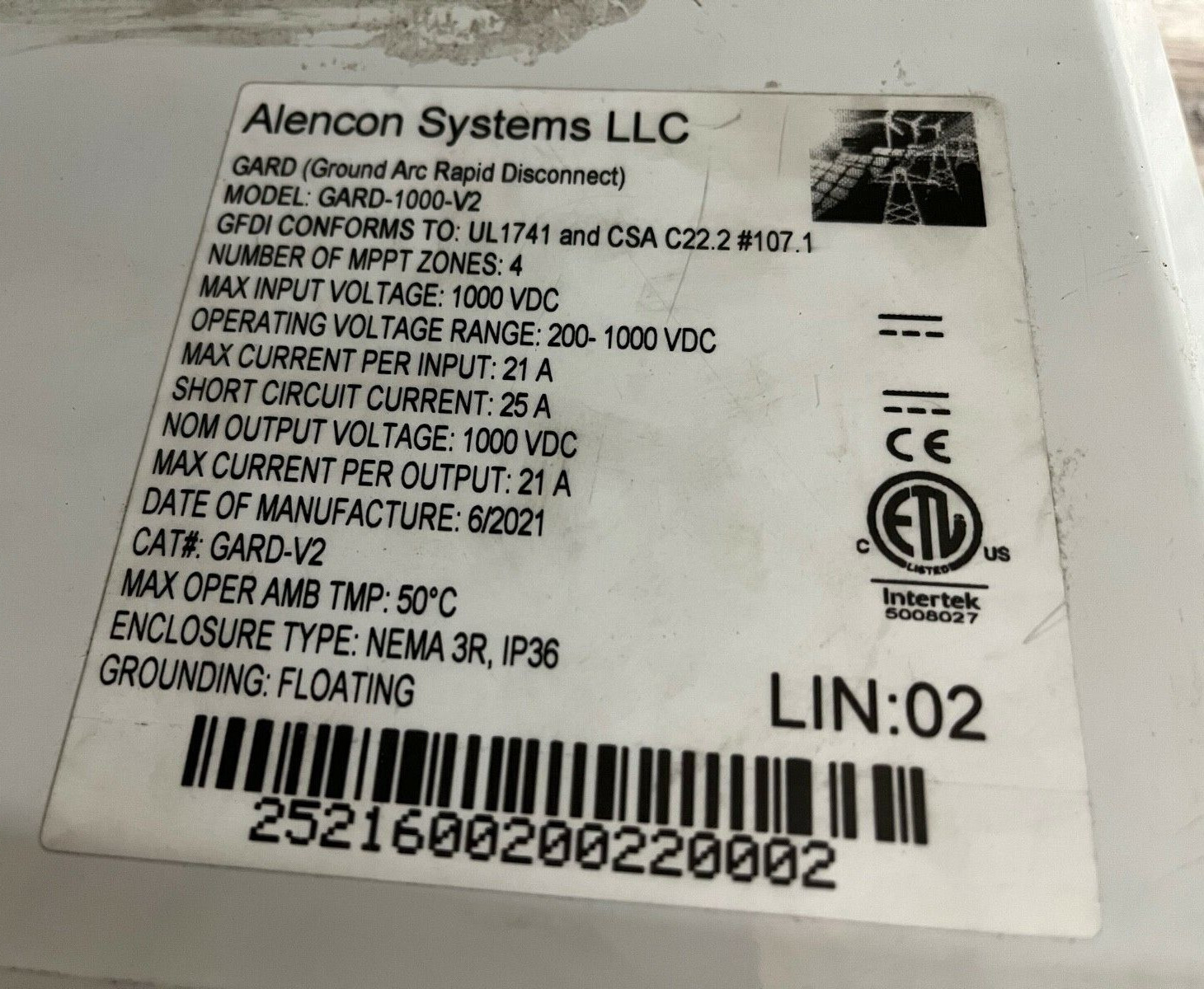 Alencon Systems LLC GARD-1000-V2 Ground Arc & Rapid Disconnect Unit, Gray