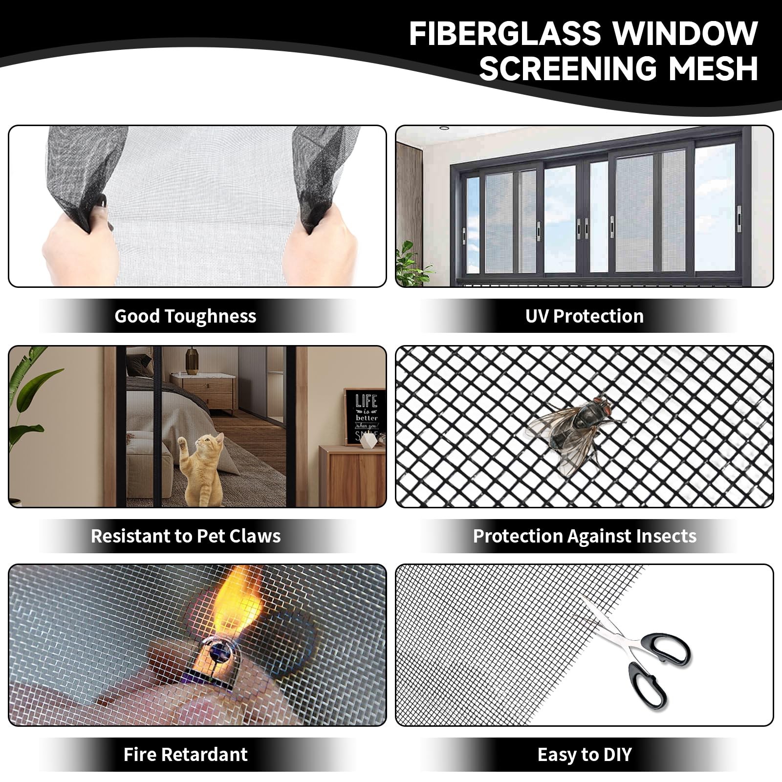 Window Screen Door Repair/Replacement Kit,59″ x158″ 59″ x158″, Black