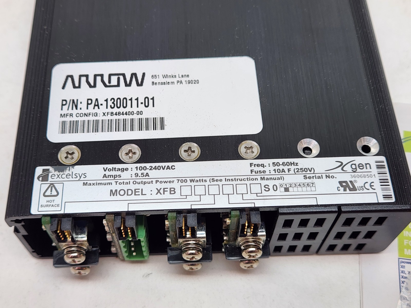 NEW NO BOX – EXCELSYS XFB POWER SUPPLY 100-240VAC 9.5A 50-60HZ