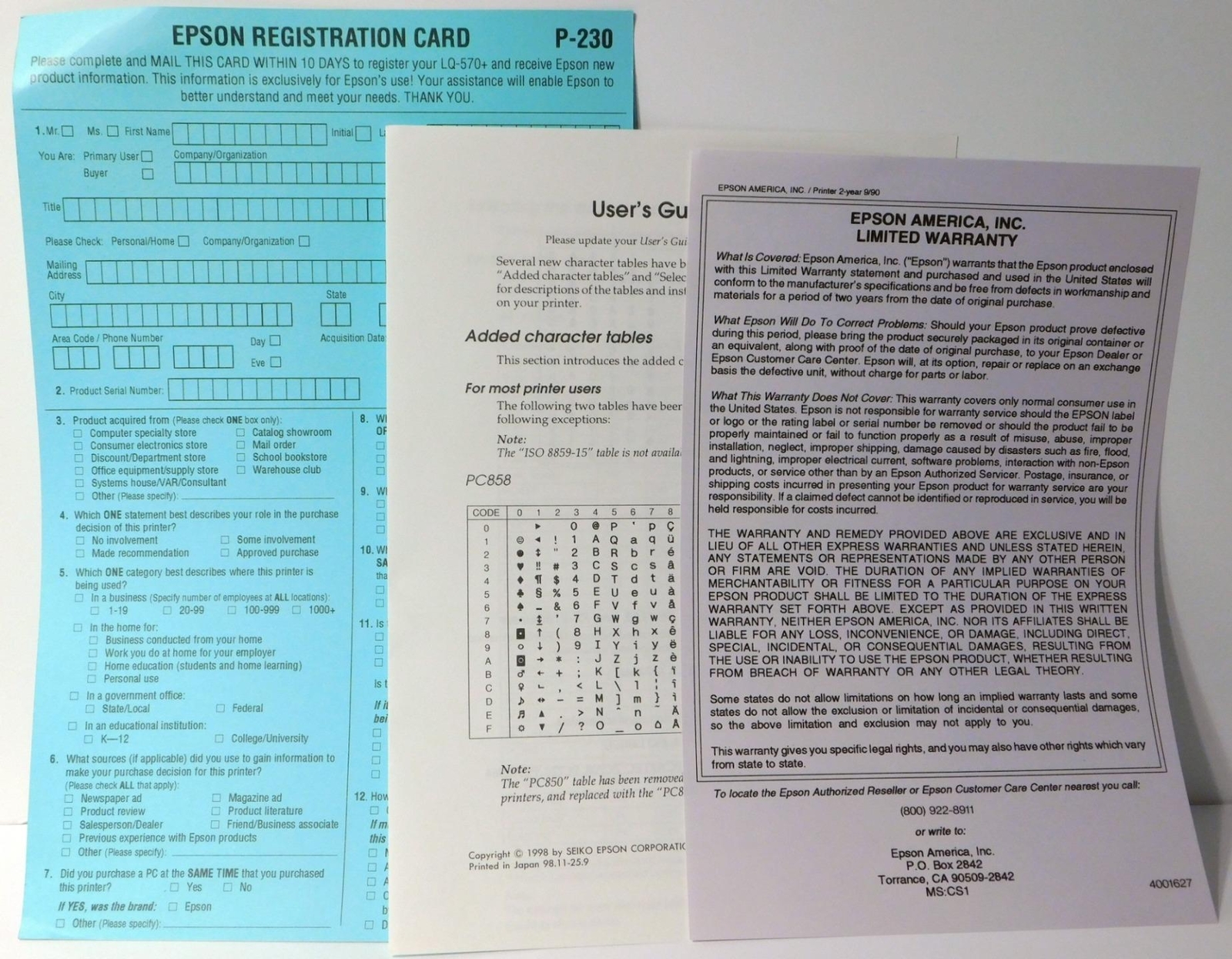 EPSON Users Guide LQ-570+/1070+ Printer Manual w/Registration Cards