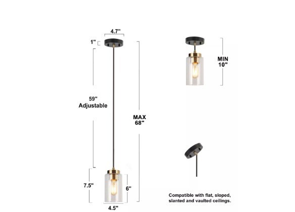 Zevni 4.7 in. 1-Light Brass Gold/Black Mini Pendant Light, Seeded Glass Pendant