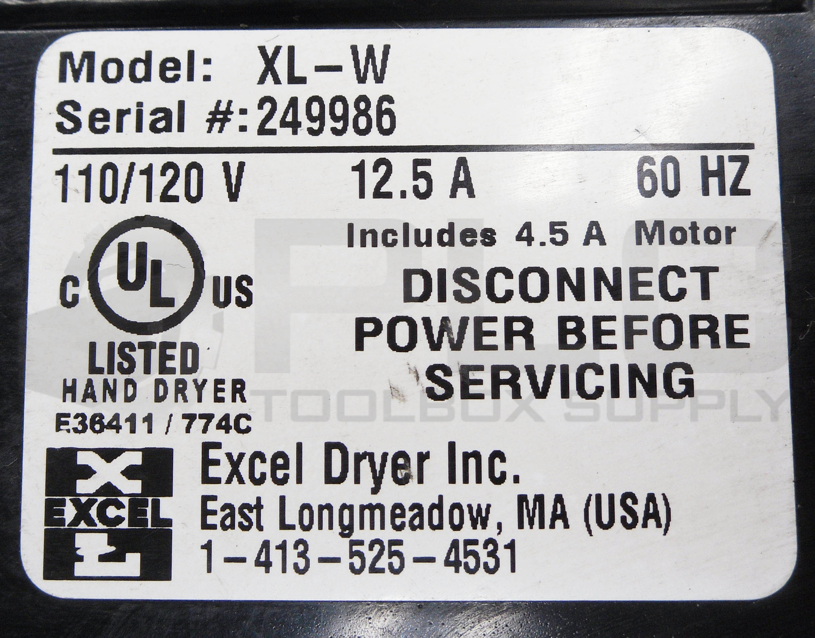EXCEL DRYER XL-W HAND DRYER 110/120V 12.5A 60HZ *READ*