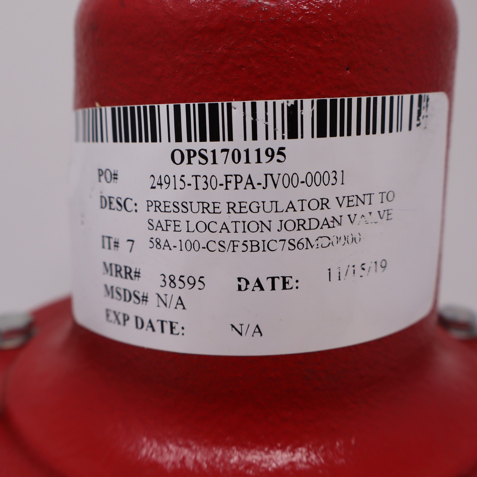 Jordan Valve Mark 58A Back Pressure Regulator 285psi-max CS Body