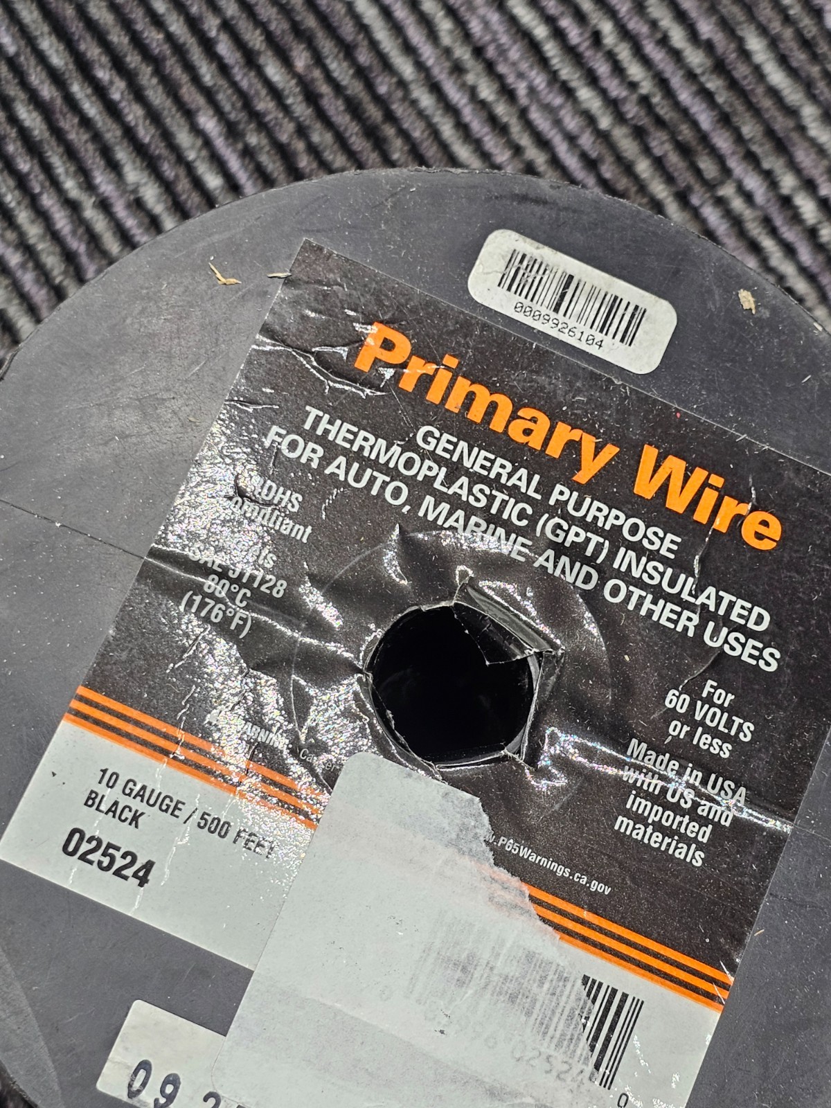Primary Wire 02524 10 AWG x 500 ft. General Purpose Thermoplastic Wire Black