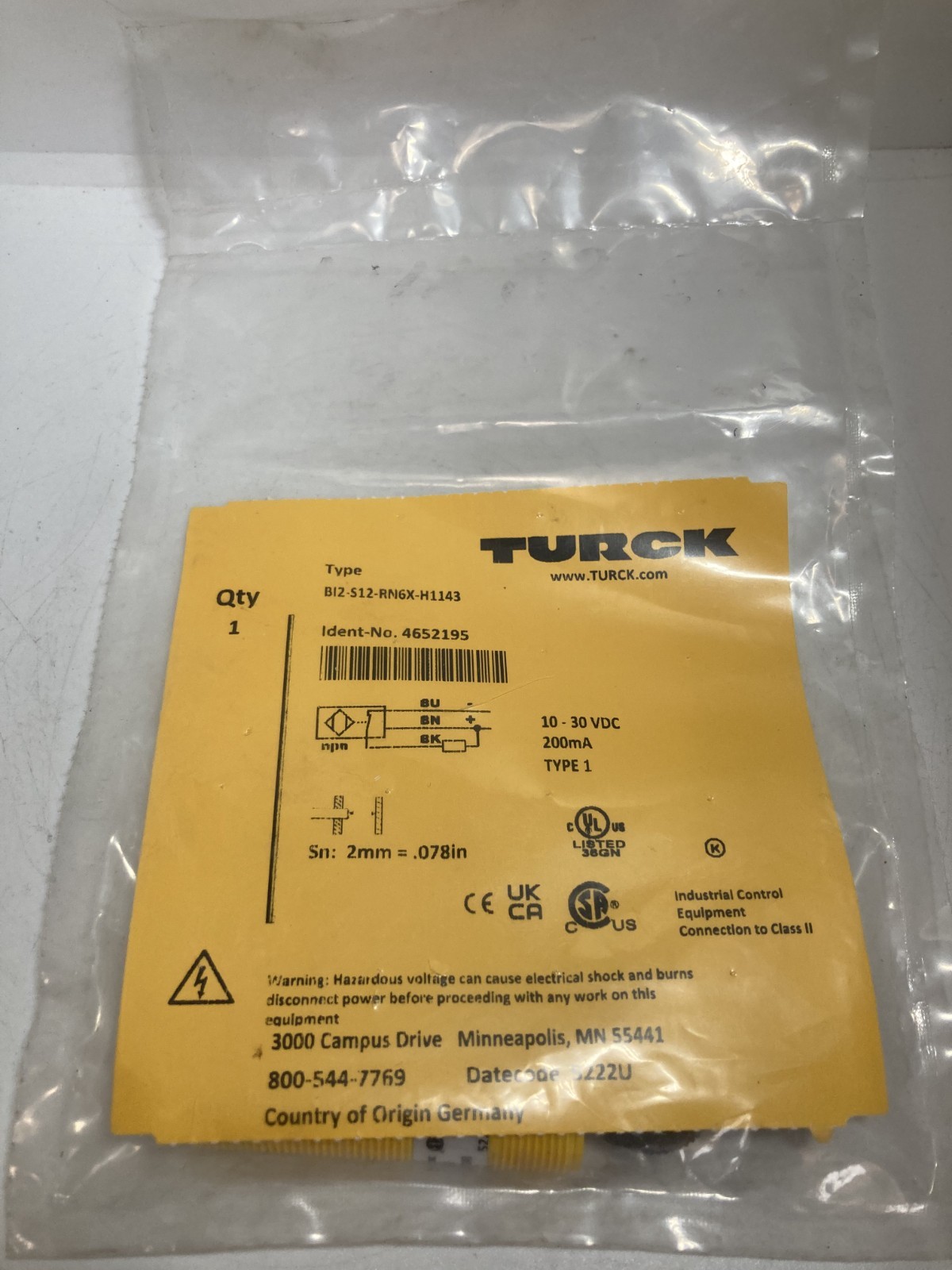 TURCK BI2 S12-RN6X-H1143 (4652195) PROXIMITY SENSOR 10-30VDC2MM SENSING NIB