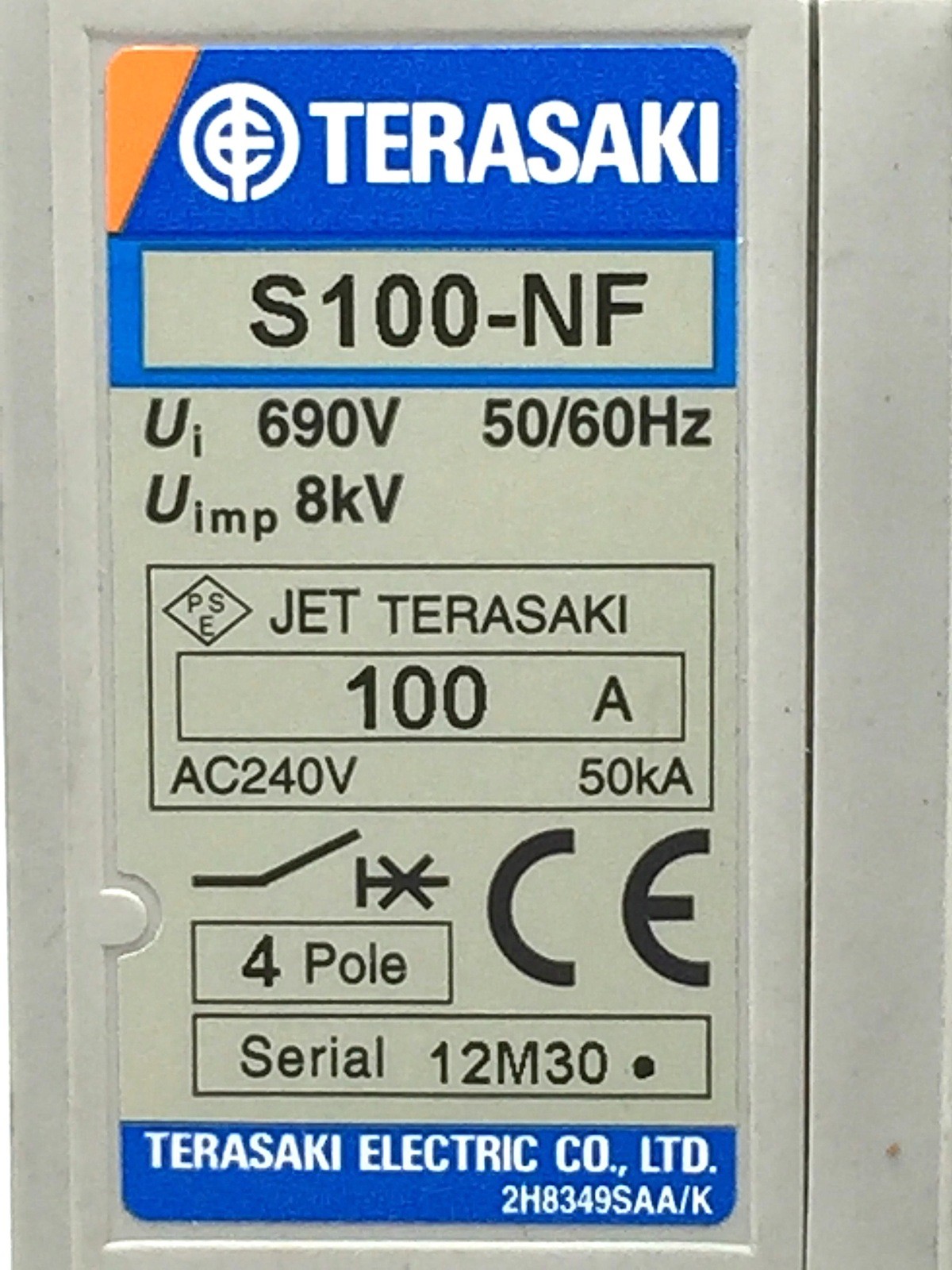TERASAKI TemBreak S100-NF Circuit Breaker 100A FC 4P 30kA at 415V 24V DC Shunt T