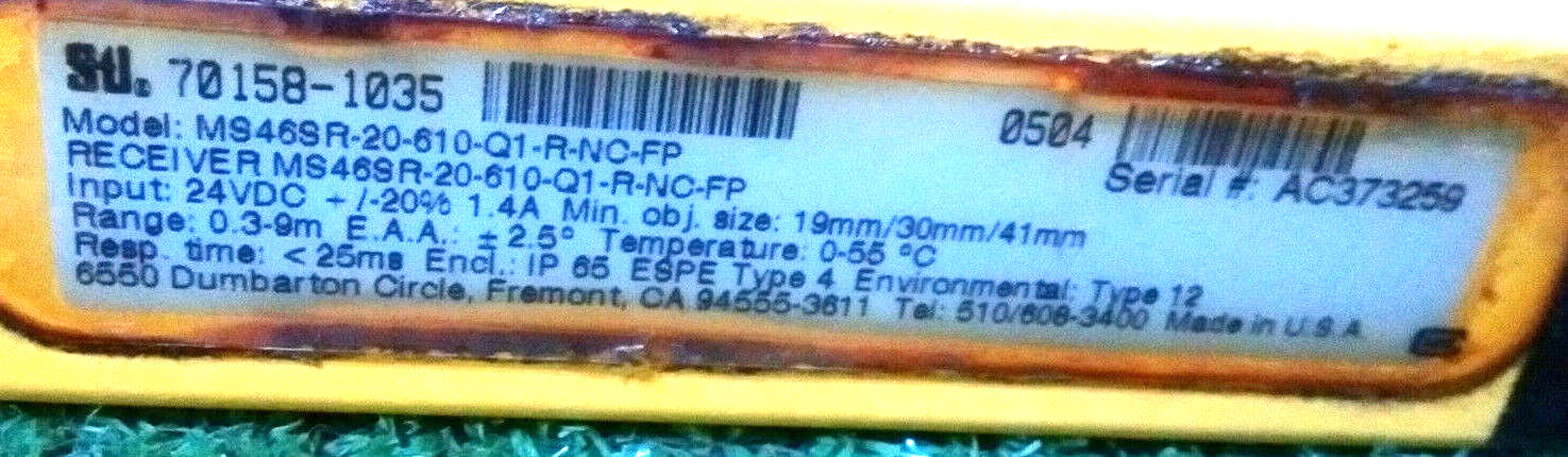 1 USED STI 70158-1035 MS46SR-20-610-Q1-R-NC-FP LIGHT CURTAIN RECVR *MAKE OFFER*