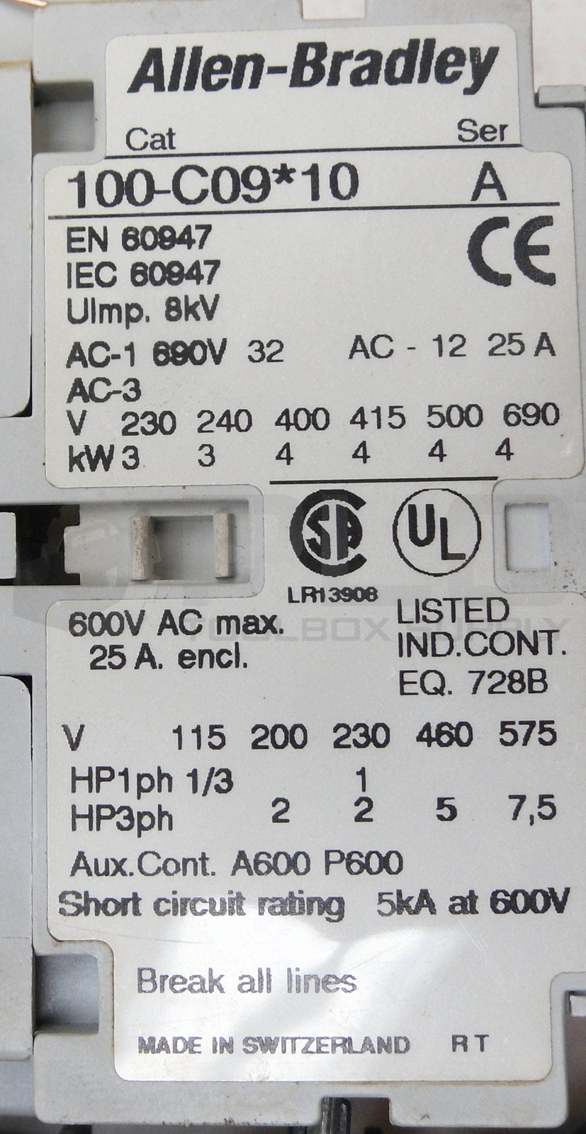 ALLEN BRADLEY 100-C09*10 /A CONTACTOR W/ 193-BSB /B OVERLOAD RELAY