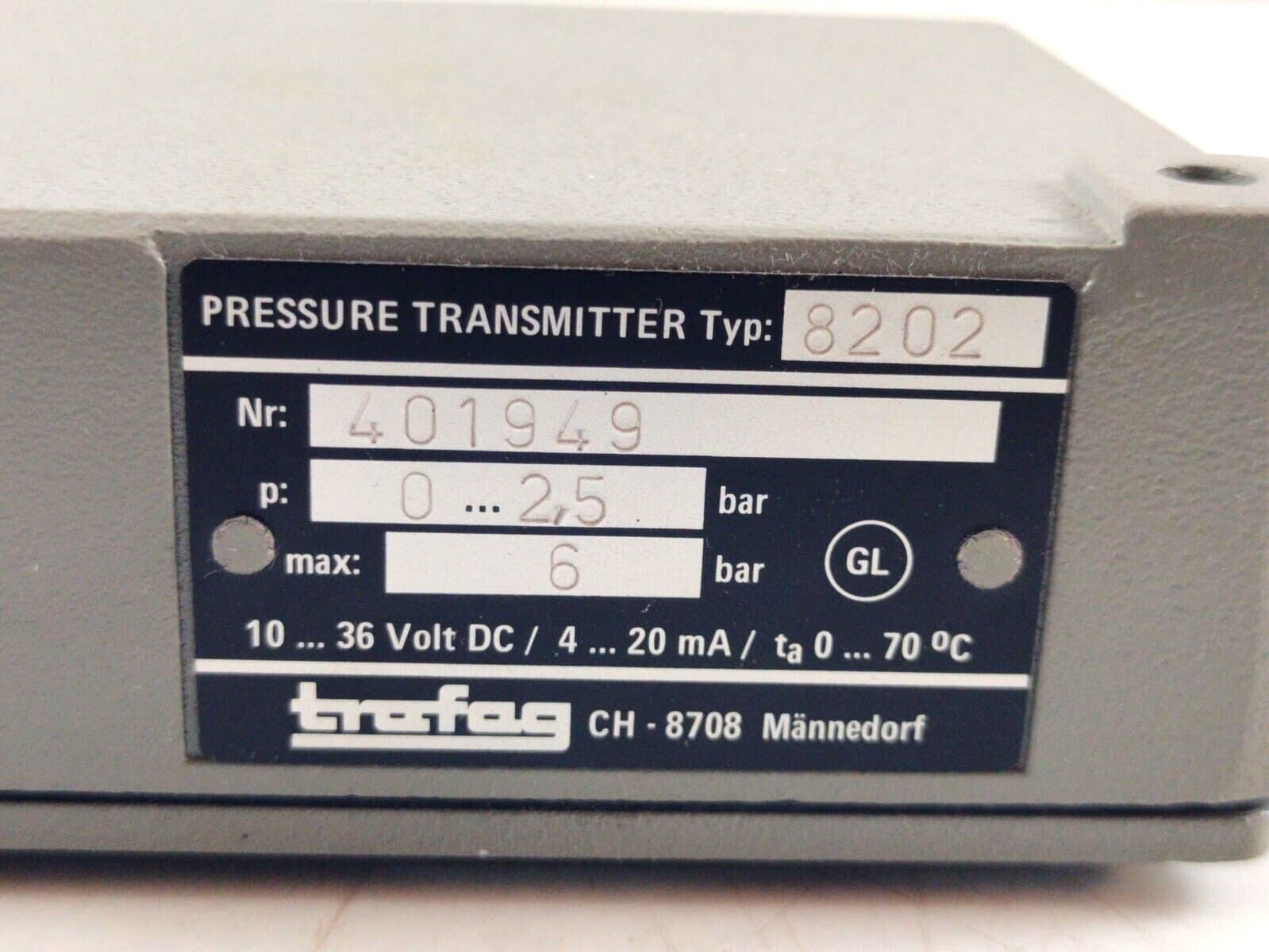 Trafag 8202 Pressure Transmitter Range: 0…2.5 bar, Max. Range: 6 bar, 10…36 Vdc