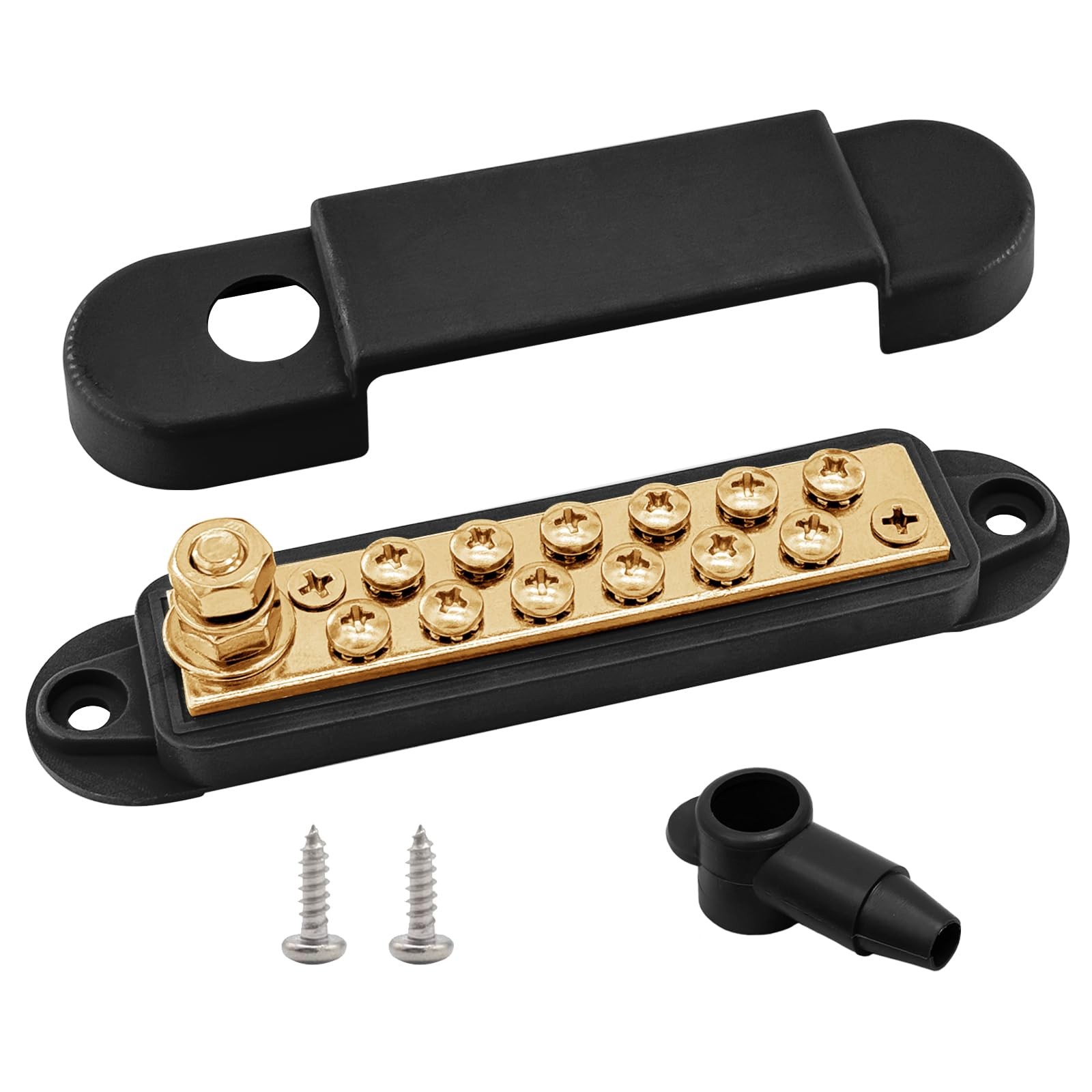 1/4″ Stud Power Distribution Block Bus Bar with 12 x #8 Screws, Brass, Black