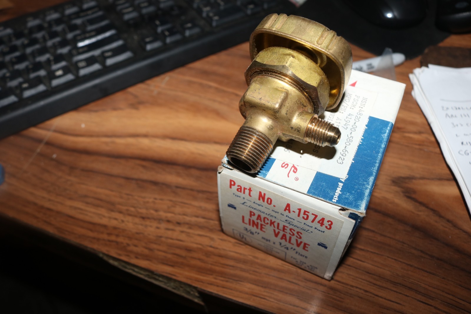 NOS Linemaster A-15743 brass angle valve 3/8 MPT x 1/4 Flare 4820-00-580-6923