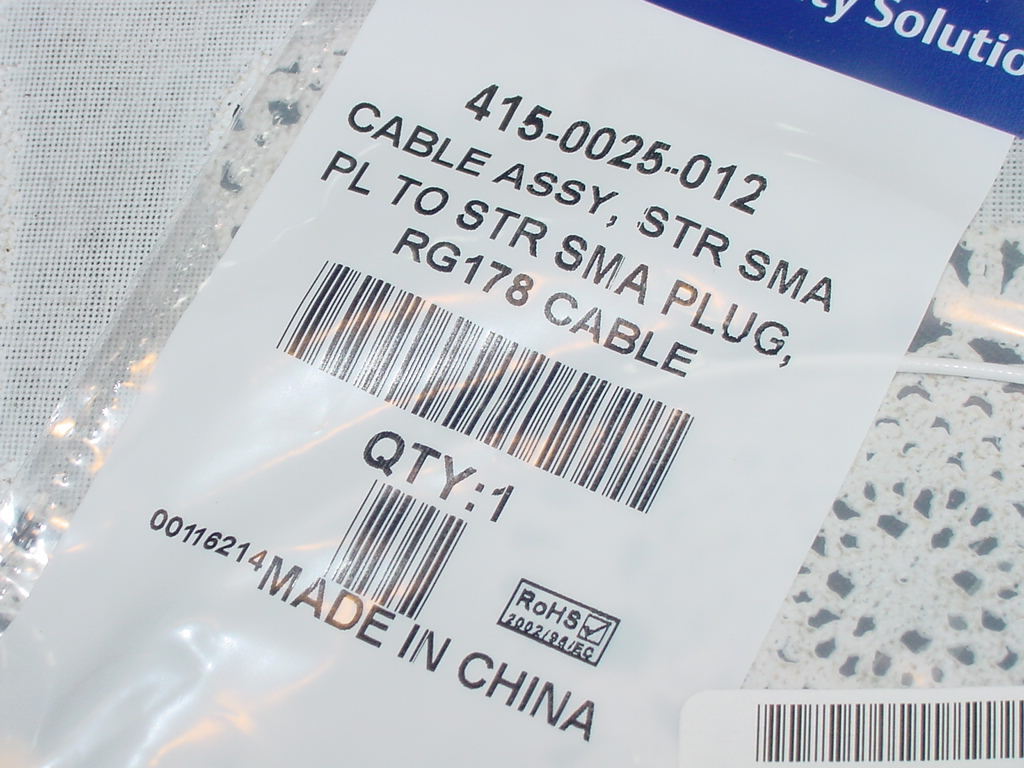 Emerson / Johnson 415-0025-012, Cable Assembly STR SMA PL to STR SMA PLUG RG178