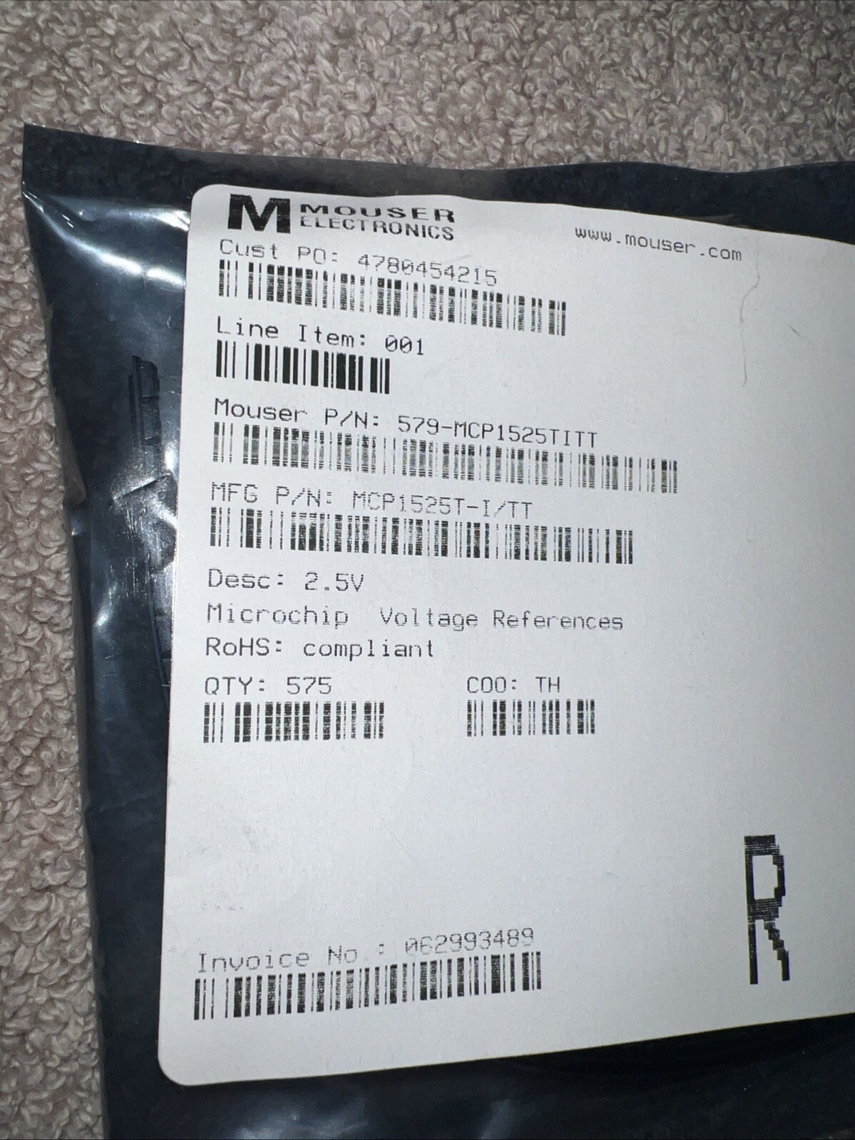 Mouser Microchip Technology 579-MCP1525TITT Voltage References 2.5V QTY 575