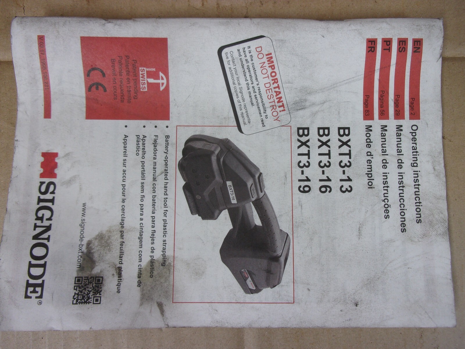 SIGNODE BXT3-19 Strapping Combo Tool Battery Operating Instructions Manual Book
