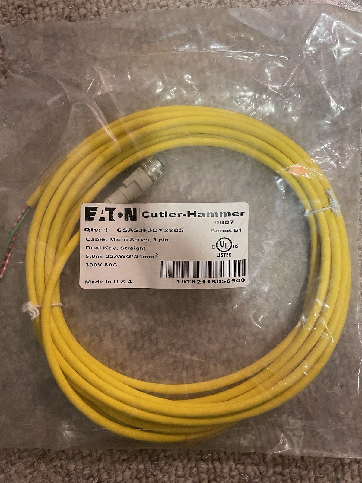 New Eaton Cutler Hammer CSAS3F3CY2205, 5M Micro Series, 3 Pin Cable FREE SHIP