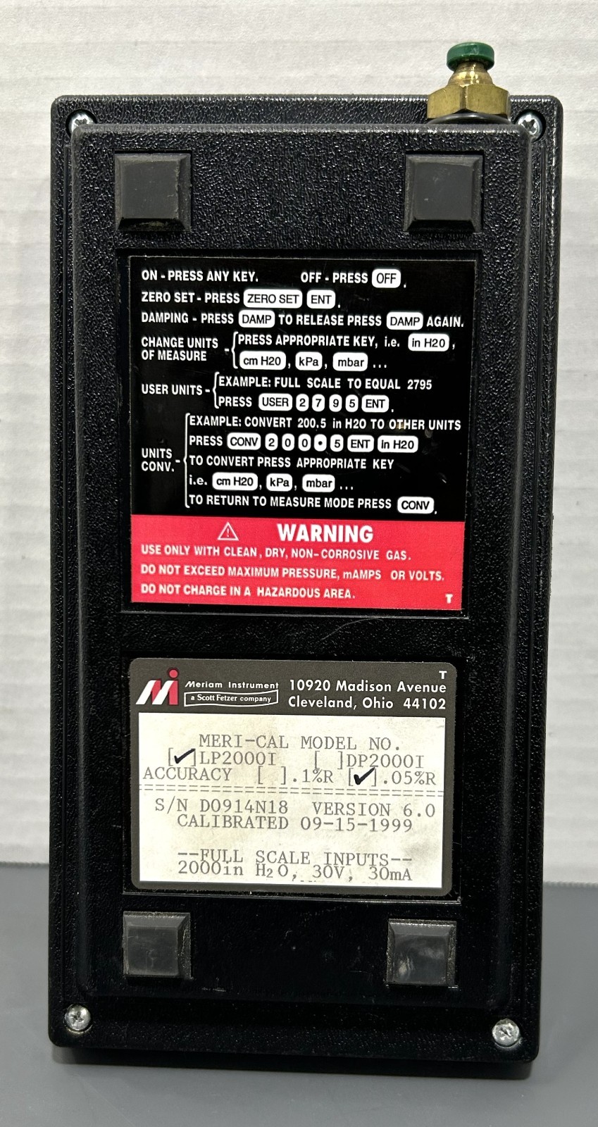 Meriam LP2000I H2O 35EE Meri-Cal I Precision Gauge Pressure Calibrator Untested