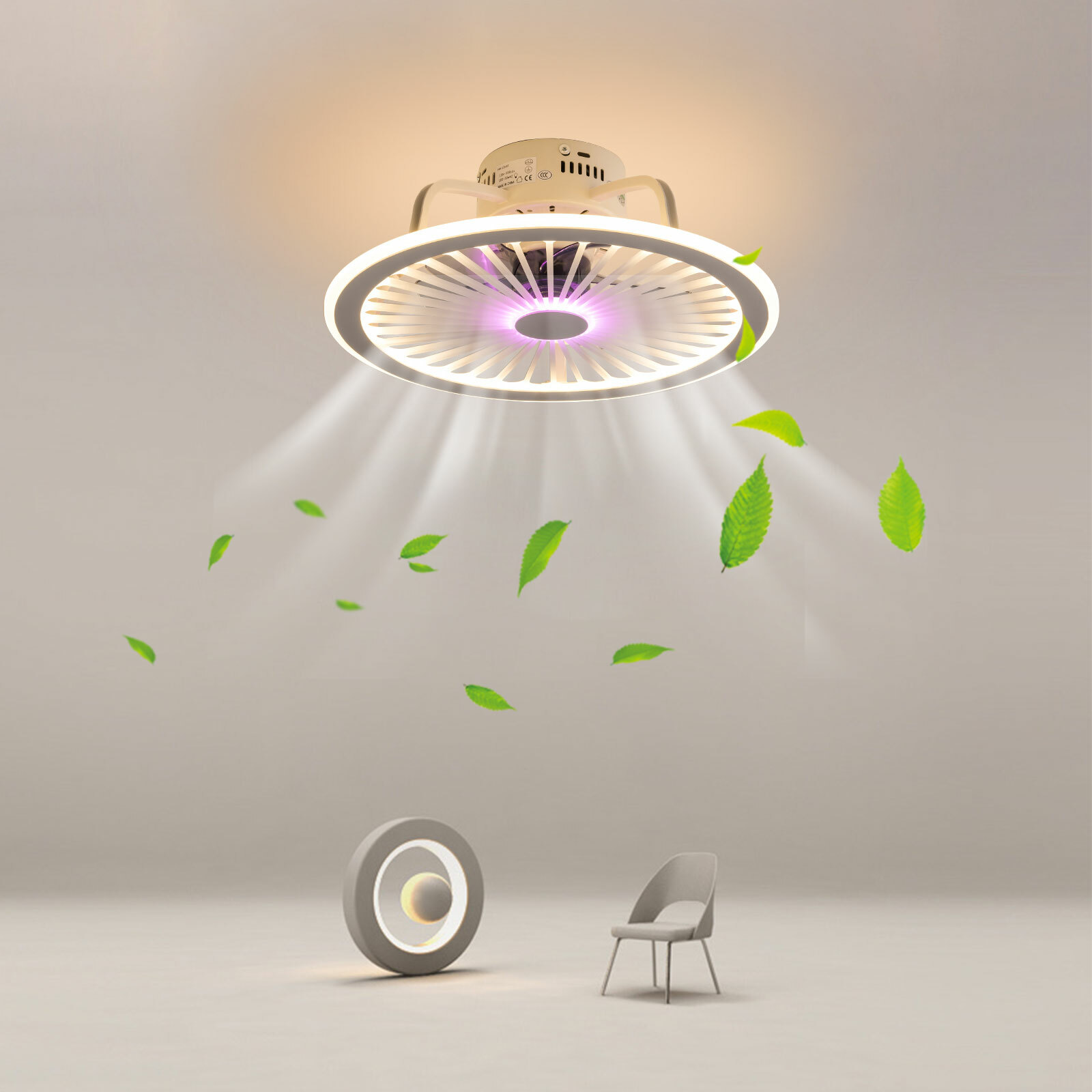 Modern Invisible Ceiling Fan Light 3-Color Dimmable LED Chandelier Lamp W/Remote