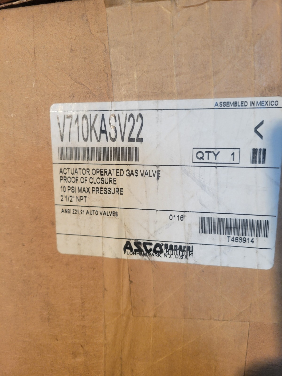 ASCO V710KASV22 2.5″ NPT Proof of Closure Actuator Operated Gas Valve 10psi max