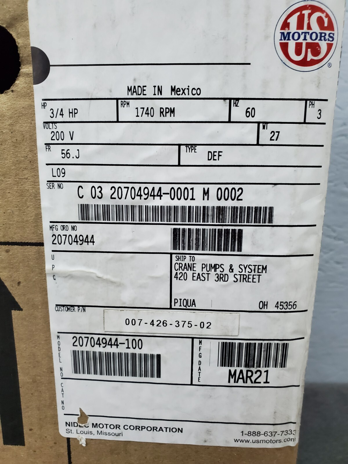 US Electric Vertical Pump Motor, 3/4 HP, 200V, 3 Phase, 1740 RPM, 56J Drip Cover