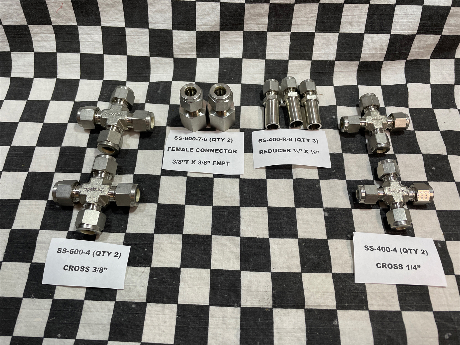 SWAGELOK CROSS 1/4″ & 3/8″, SS-600-4, SS-400-4, SS-400-R-8, SS-600-7-6, LOT OF 9