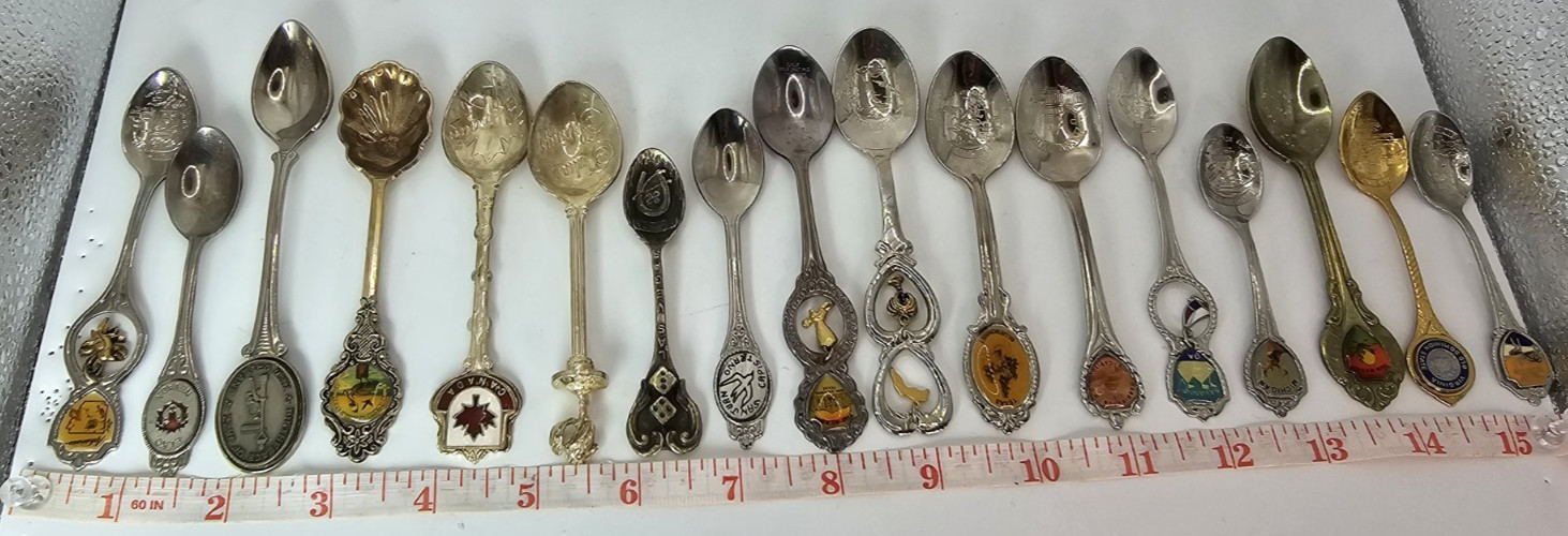 Lot of 18 Souvenir Mini Spoons-States, Places, Countries-Silver Plated, Brass