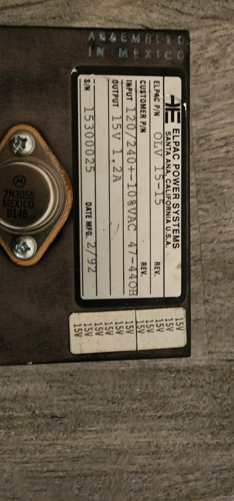 Elpac Power Systems 15V / 1.2A Power Supply, OLV 15-15