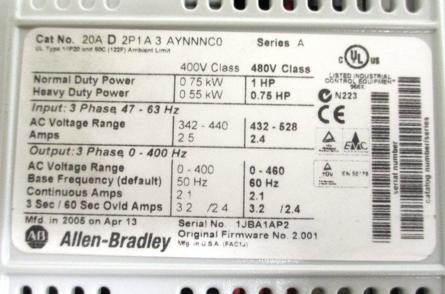 ALLEN BRADLEY , 20AD2P1A3AYNNNCO, POWERFLEX 70, AC DRIVE, SERIES-A , SURPLUS