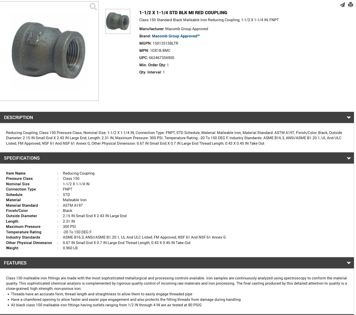 1 NEW WARD 1DX1B.BMC 1 1/2X1-1/4 BLK MI CPLG IRON COUPLING NNB ***MAKE OFFER***