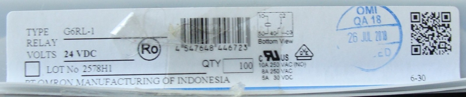 New 189 Omron G6RL-1 Relay, 24VDC(Volts). Made in Indonesia.
