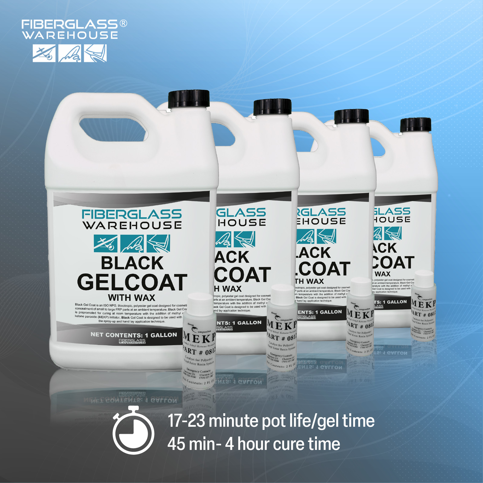 Fiberglass Warehouse Black Gel Coat –Gallon (WAXED) with 2oz MEKP Catalyst