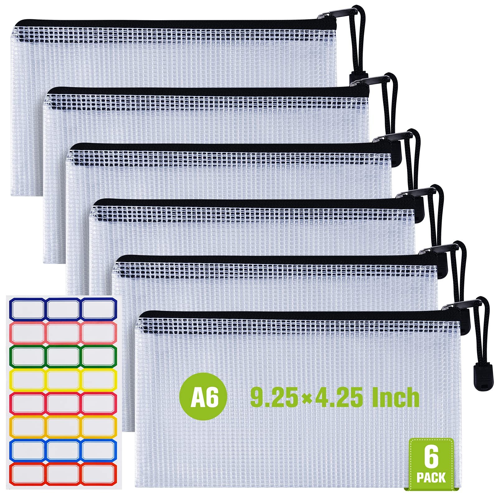 Plastic Mesh Zipper Pencil Pouches, 6PCS A6 (9.25×4.25 inch), Black