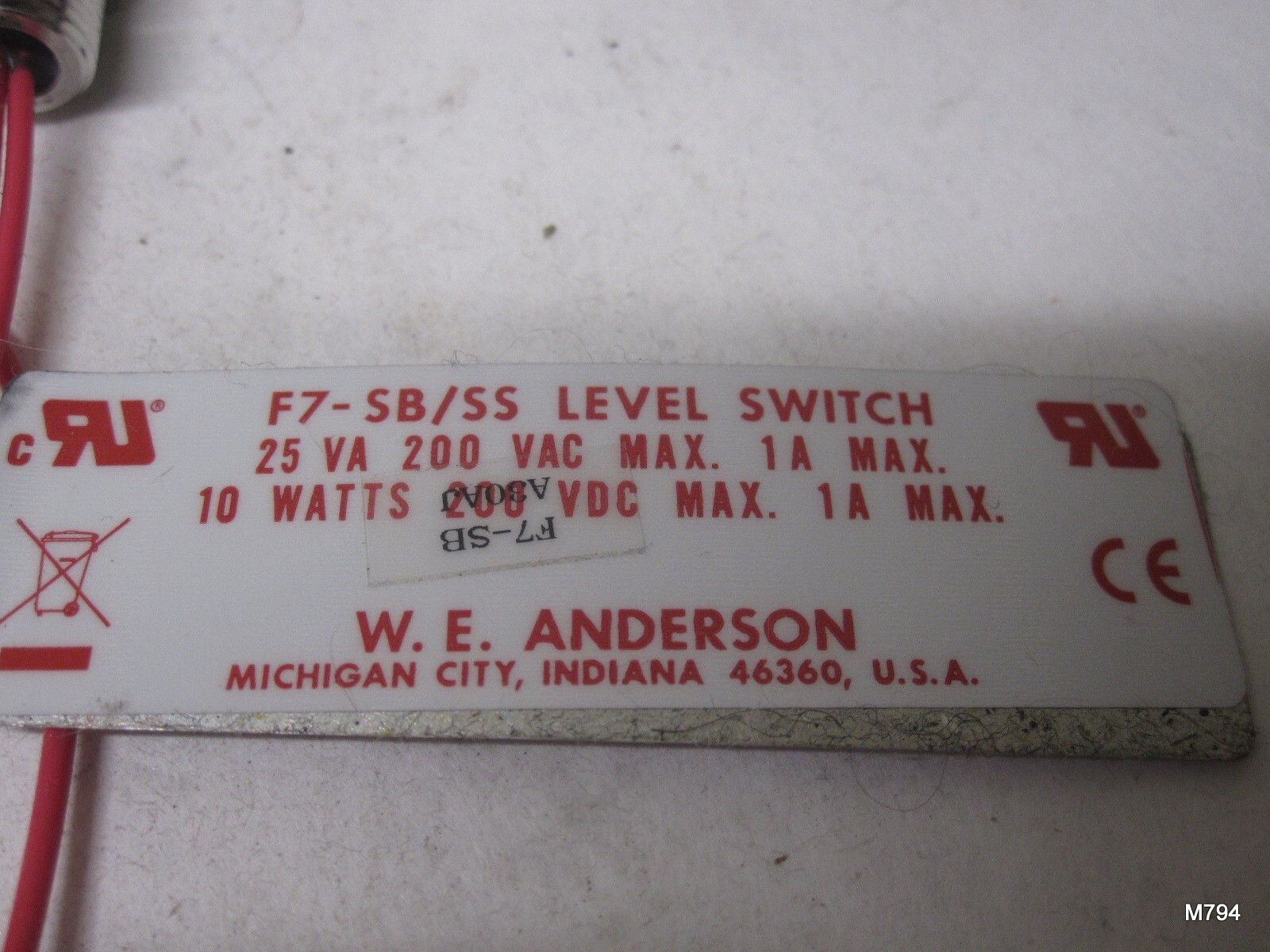 W.E. Anderson F7-SB/SS Level Switch | 10 WATTS | 200 VDC / VAC | 25 VA | 1A Max