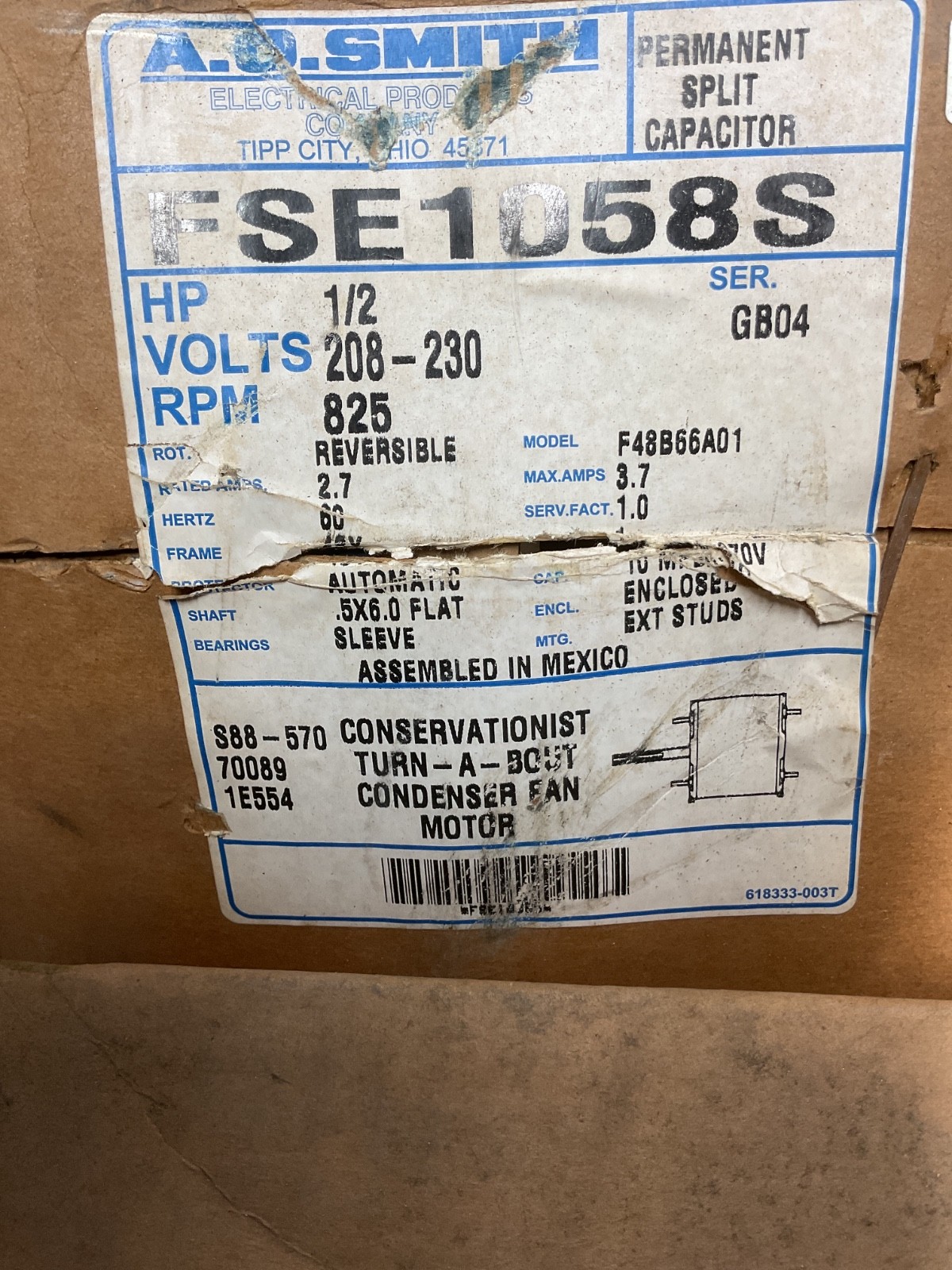 NEW A.O. SMITH F48B66A01 BLOWER MOTOR 1/2HP 825RPM FR:48Y #4005B142PR3