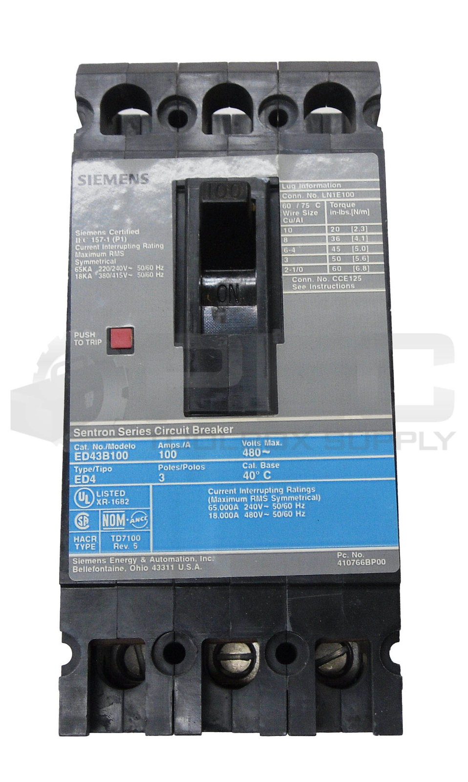 NEW SIEMENS ED43B100L MOLDED CASE CIRCUIT BREAKER 100A 480VAC 3 POLE 50/60HZ