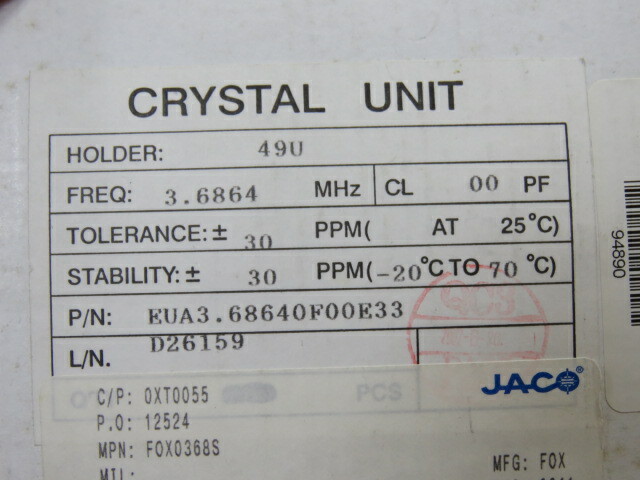 FOX ELECTRONICS FOX0368S Qty of 35 per Lot Crystals 3.6864MHz SERIES