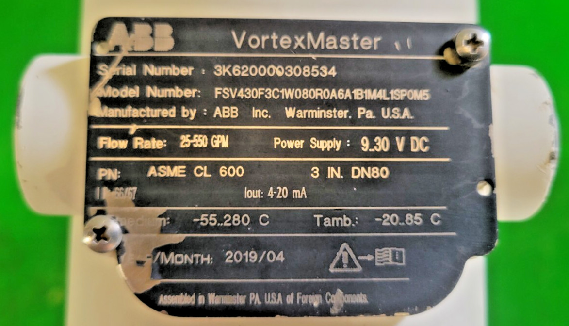 ⚡ABB VORTEX MASTER FLOWMETER 3″ DN80 CL 600 PESSCO OFFERING 1 G051525-8-9 🗽