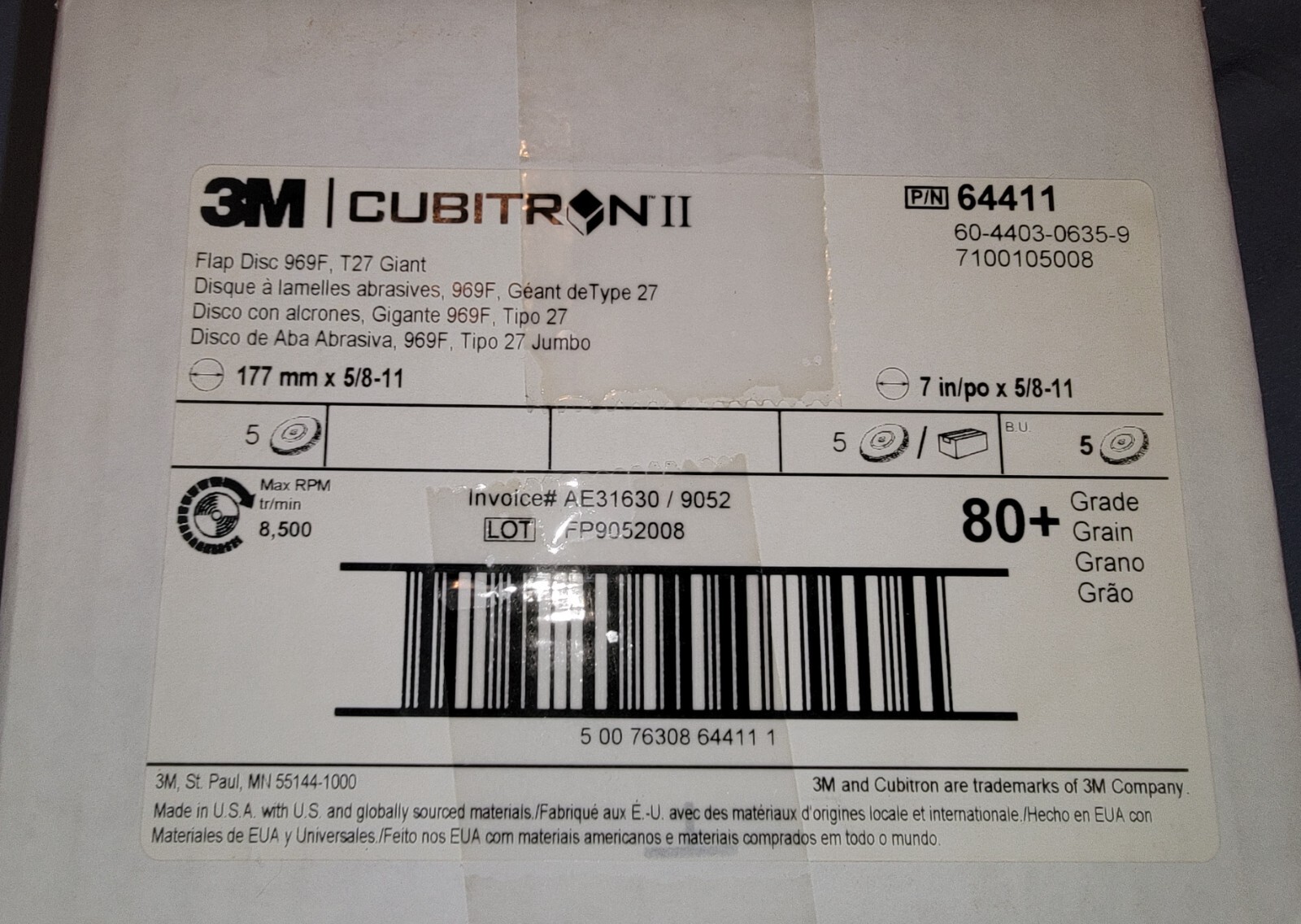 Lot of 5 – 3M Cubitron II Flap Disc 969F, T27 Giant 7″ x 5/8-11 80+ Sanding Disc