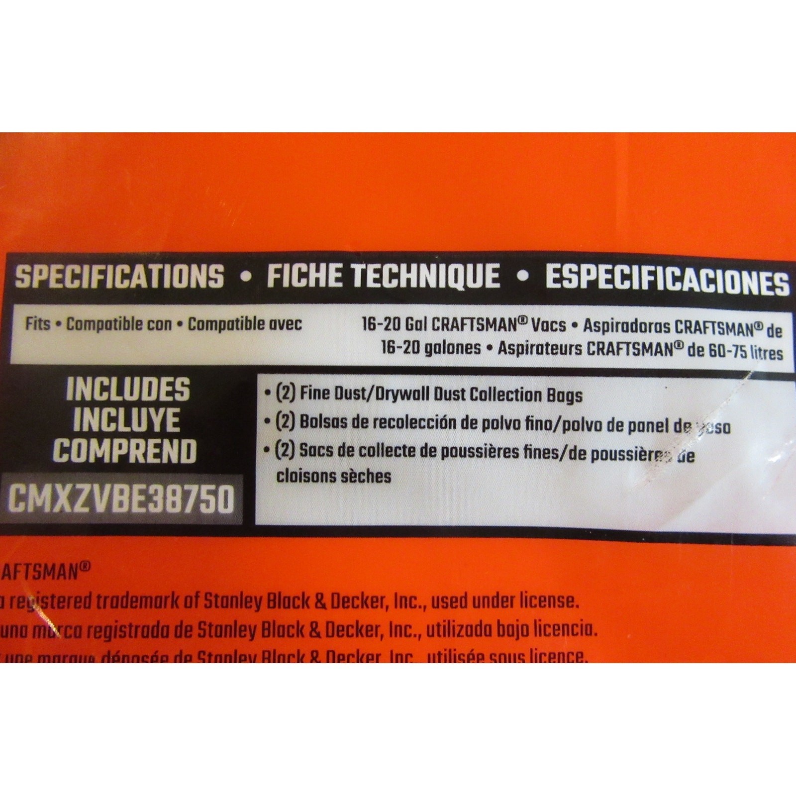 Craftsman Fine Dust/Drywall Dust Collection Bags Wet/Dry Vac CMXZVBE38750